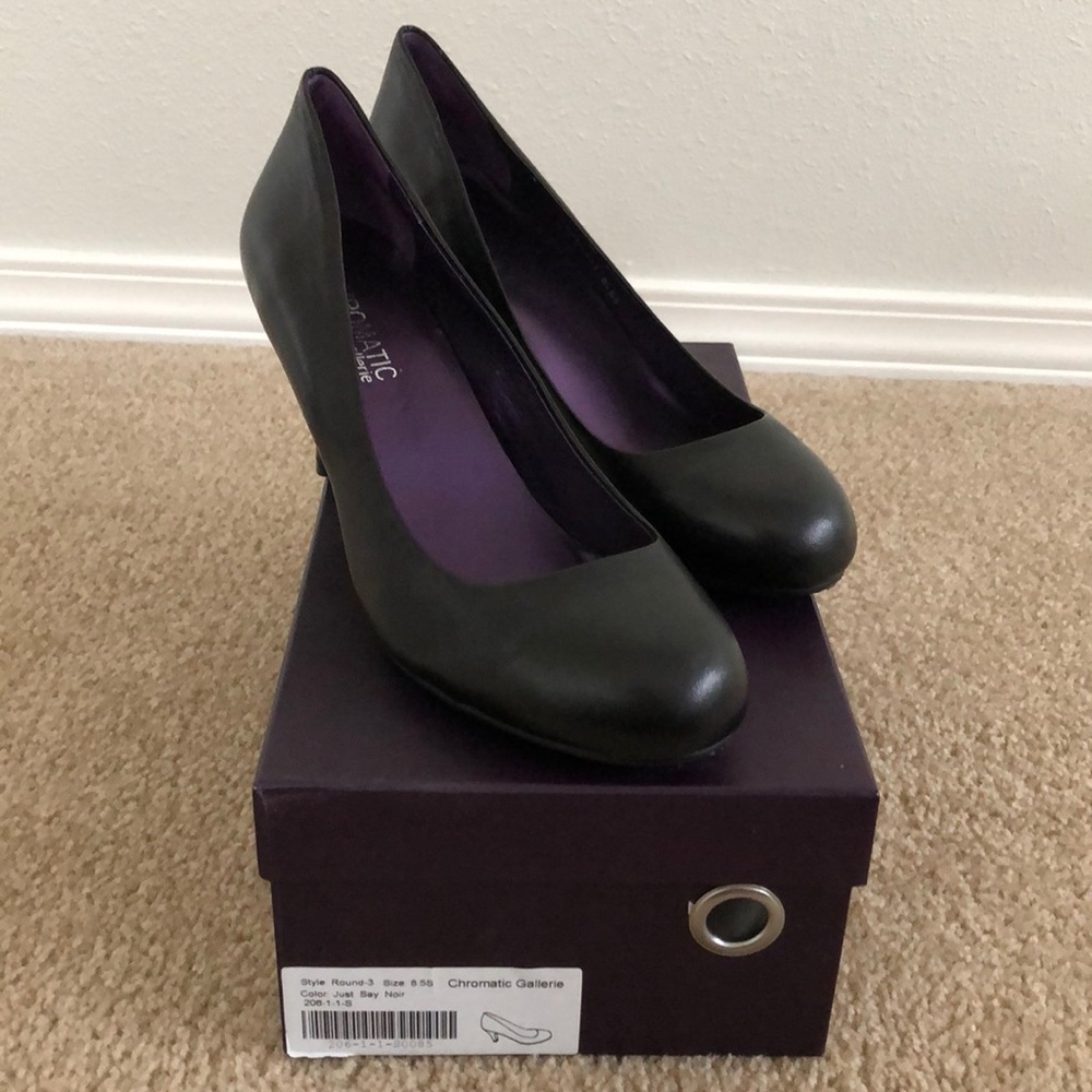 Black Round Toe Leather High Heels